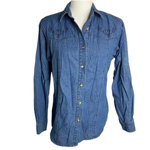 Vintage 80s Wrangler Western Shirt M Blue Denim Chambray Embroidered Button 46PE